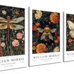 Framed William Morris Canvas Wall Art Set of 3, Vintage Animal Bee Dragonfly Wall Decor Paintings, Nature Botanical Flowers Posters Prints Pictures for Living Room Bedroom Bathroom 12x16 Inch