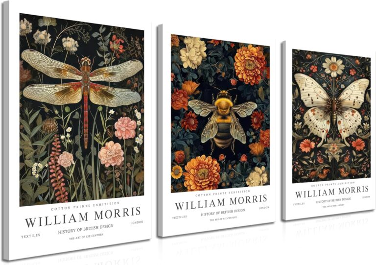 Framed William Morris Canvas Wall Art Set of 3, Vintage Animal Bee Dragonfly Wall Decor Paintings, Nature Botanical Flowers Posters Prints Pictures for Living Room Bedroom Bathroom 12x16 Inch