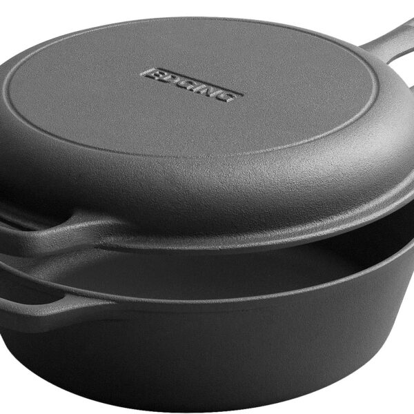 EDGING CASTING 2-in-1 Pre-Seasoned Cast Iron Dutch Oven Pot with Skillet Lid Set, 10" Skillet 3QT Pot for Cooking, Baking, Frying and Camping