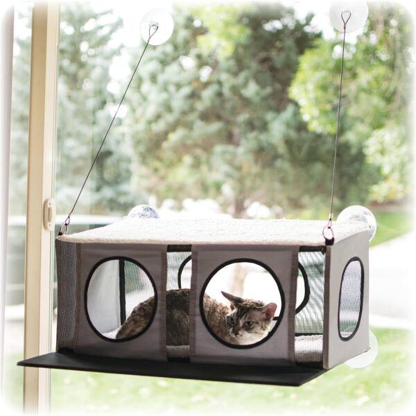 K&H Pet Products EZ Mount Cat Window Perch Penthouse 2-level Tree, Sturdy Window Perch for Large Cats, Steel Frame, Sturdy Suction Cups, Enclosed Privacy Area - Fits 24"W X 34"H Glass Spaces