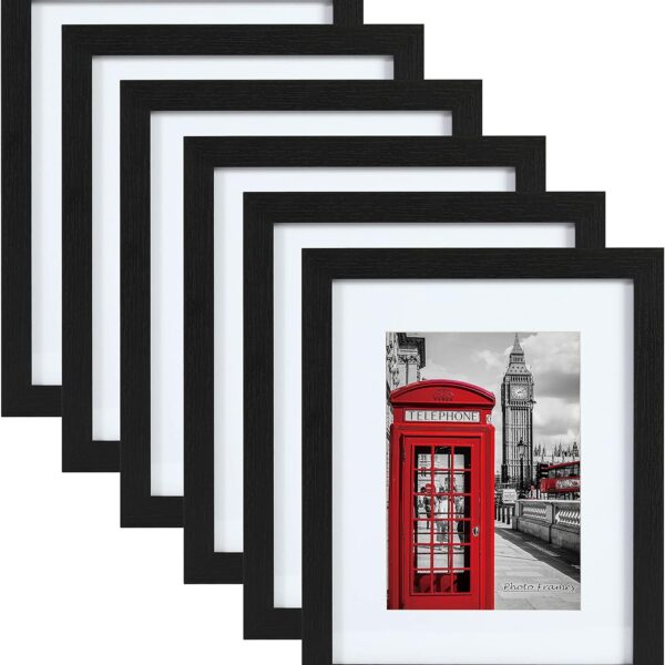 PEALSN 11x14 Picture Frame Set of 6, Display Pictures 8x10 with Mat or 11x14 without Mat for Wall Mounting or Table Top Display, Photo Frames Collage for Wall Decor, Black Woodgrain.