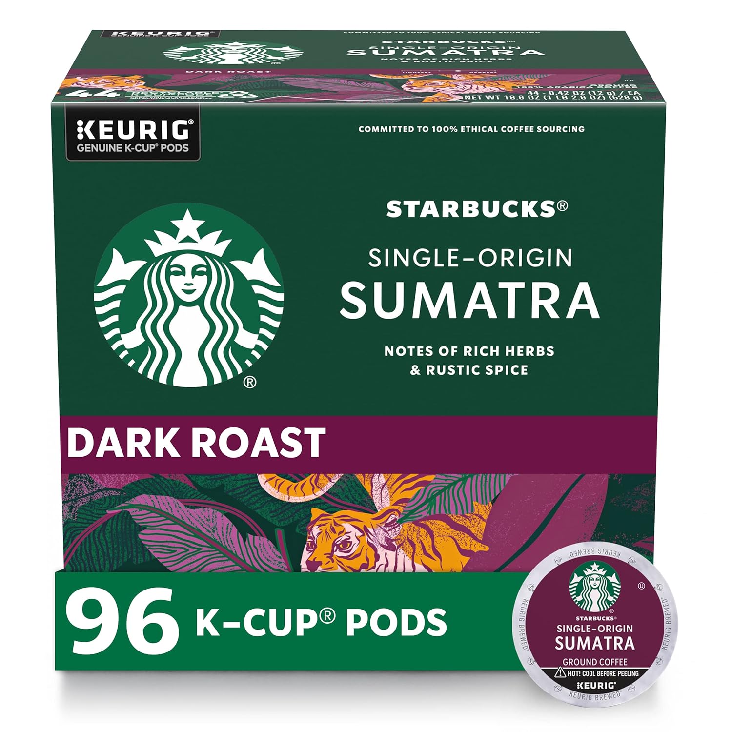 Starbucks K-Cup Coffee Pods, Dark Roast Coffee, Sumatra for Keurig Brewers, 100% Arabica, 4 boxes (96 pods total) Starbucks K-Cup Coffee Pods, Dark Roast Coffee, Sumatra for Keurig Brewers, 100% Arabica, 4 boxes (96 pods total)