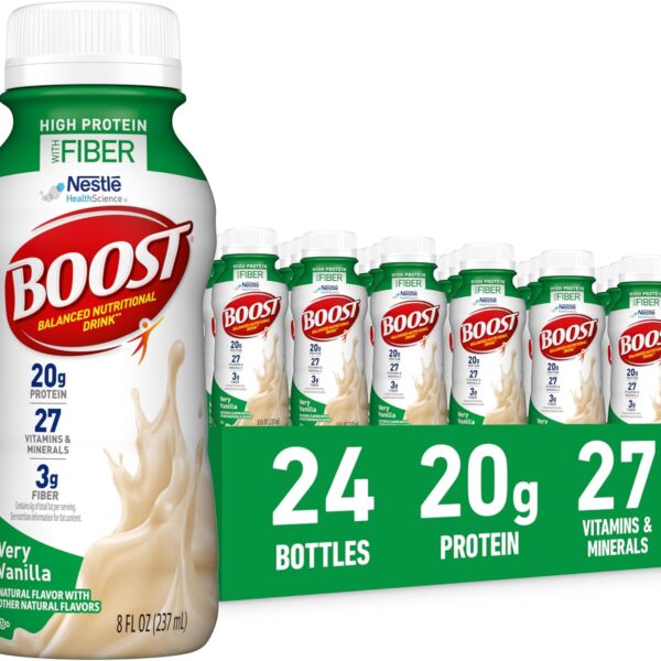 BOOST High Protein with Fiber Ready to Drink Complete Nutritional Drink, Very Vanilla, 8 fl oz Bottle, 24 Pack