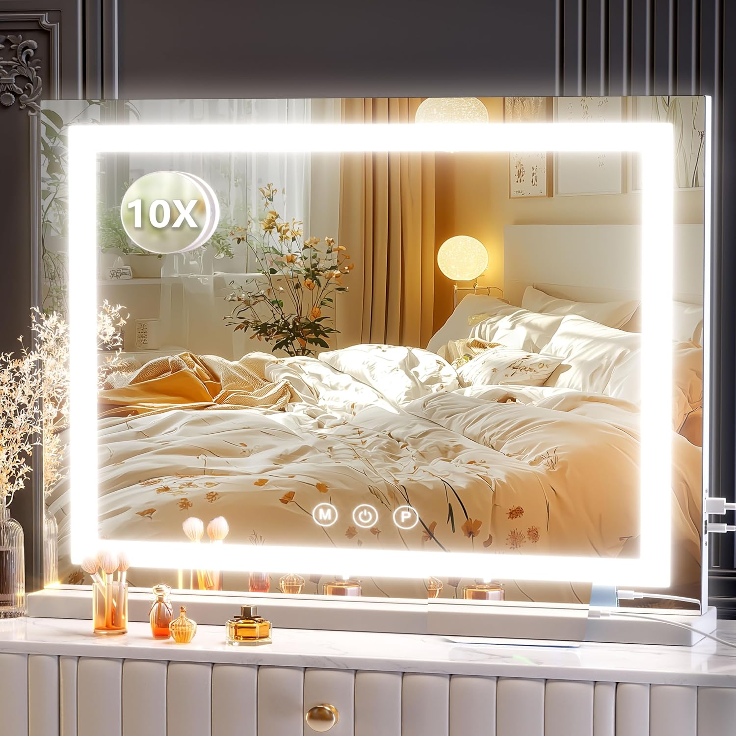 Gvnkvn Makeup Vanity Mirror 24" x 19" Large LED Makeup Mirror, Desk Mirorr with Lights, Light up Mirror with 10X Magnification and, Dimmable 3 Modes, Touch Control White Gvnkvn Makeup Vanity Mirror 24" x 19" Large LED Makeup Mirror, Desk Mirorr with Lights, Light up Mirror with 10X Magnification and, Dimmable 3 Modes, Touch Control White