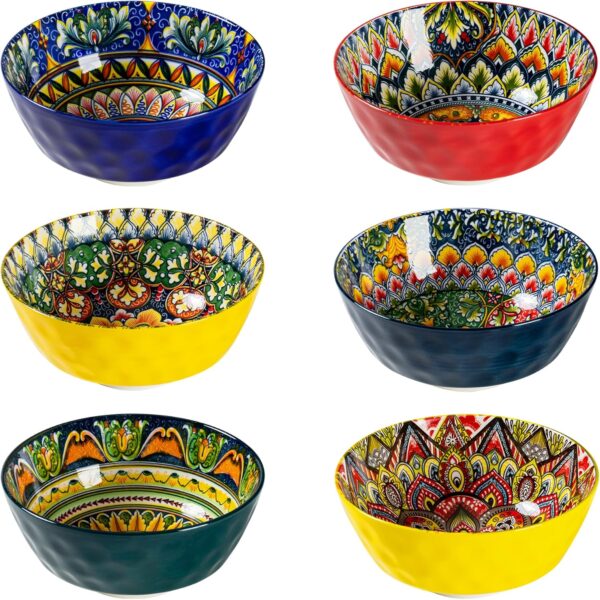 Henten Home Ceramic 25 oz Soup Bowl Set, Cereal Bowl Set of 6, Boho Colorful Serving Bowls for Salad, Pasta, Noodle, Rice, Oatmeal, Microwave & Dishwasher Safe