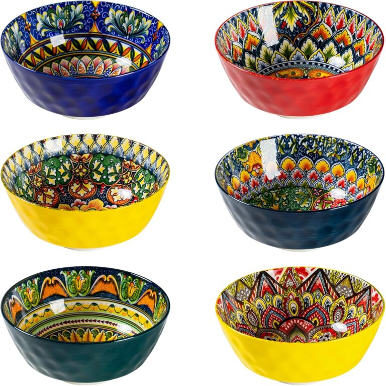 Henten Home Ceramic 25 oz Soup Bowl Set, Cereal Bowl Set of 6, Boho Colorful Serving Bowls for Salad, Pasta, Noodle, Rice, Oatmeal, Microwave & Dishwasher Safe