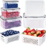 Freshmage Fruit Storage Containers for Fridge with Removable Colander, Airtight Food Storage Container, Dishwasher Safe Produce Saver for Refrigerator, Keep Berry Fruit Fresh Longer 4 pcs Small Clear