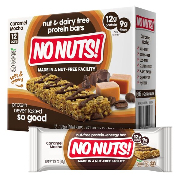 No Nuts! Caramel Mocha Protein Bars Nut-Free & School-Safe | 12g Plant Protein, Dairy-Free, Vegan, Gluten-Free, Non-GMO, Organic, Kosher | 12 Count