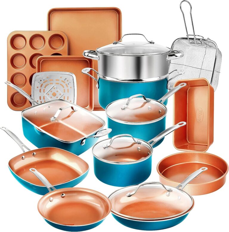 GOTHAM STEEL 20 Piece Copper Pots and Pans Set Nonstick Cookware Set + Complete Ceramic Bakeware Set for Kitchen with Long Lasting Non Stick, Dishwasher/Oven Safe, Non Toxic  Turquoise