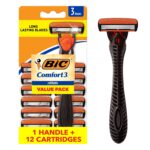 BIC Comfort 3 Men's Refillable 3-Blade Razors with 1 Handle and 12 Cartridges, Smooth Shave Razor Set for Men