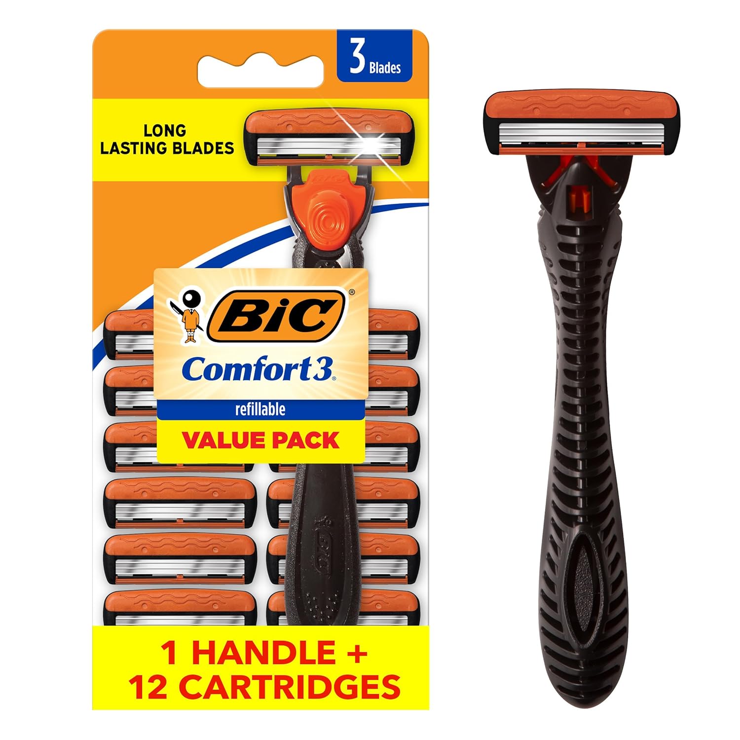 BIC Comfort 3 Men's Refillable 3-Blade Razors with 1 Handle and 12 Cartridges, Smooth Shave Razor Set for Men BIC Comfort 3 Men's Refillable 3-Blade Razors with 1 Handle and 12 Cartridges, Smooth Shave Razor Set for Men