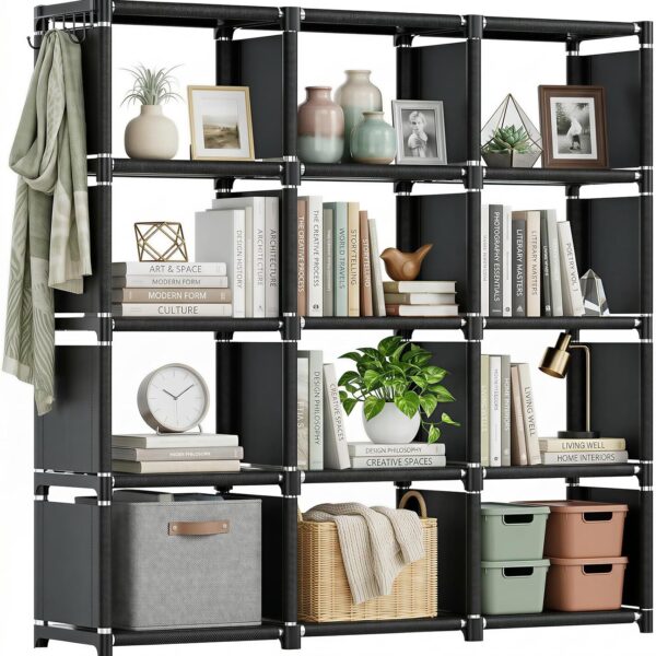 Mavivegue Book Shelf, 12 Cube Storage Organizer, DIY Bookcase, Metal Bookshelf,Tall Book case for Bedroom, Living Room,Office,Closet, Black Cubicle Rack
