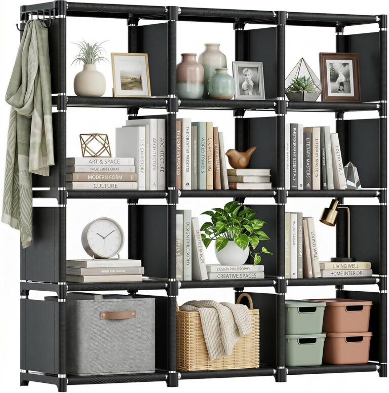 Mavivegue Book Shelf, 12 Cube Storage Organizer, DIY Bookcase, Metal Bookshelf,Tall Book case for Bedroom, Living Room,Office,Closet, Black Cubicle Rack