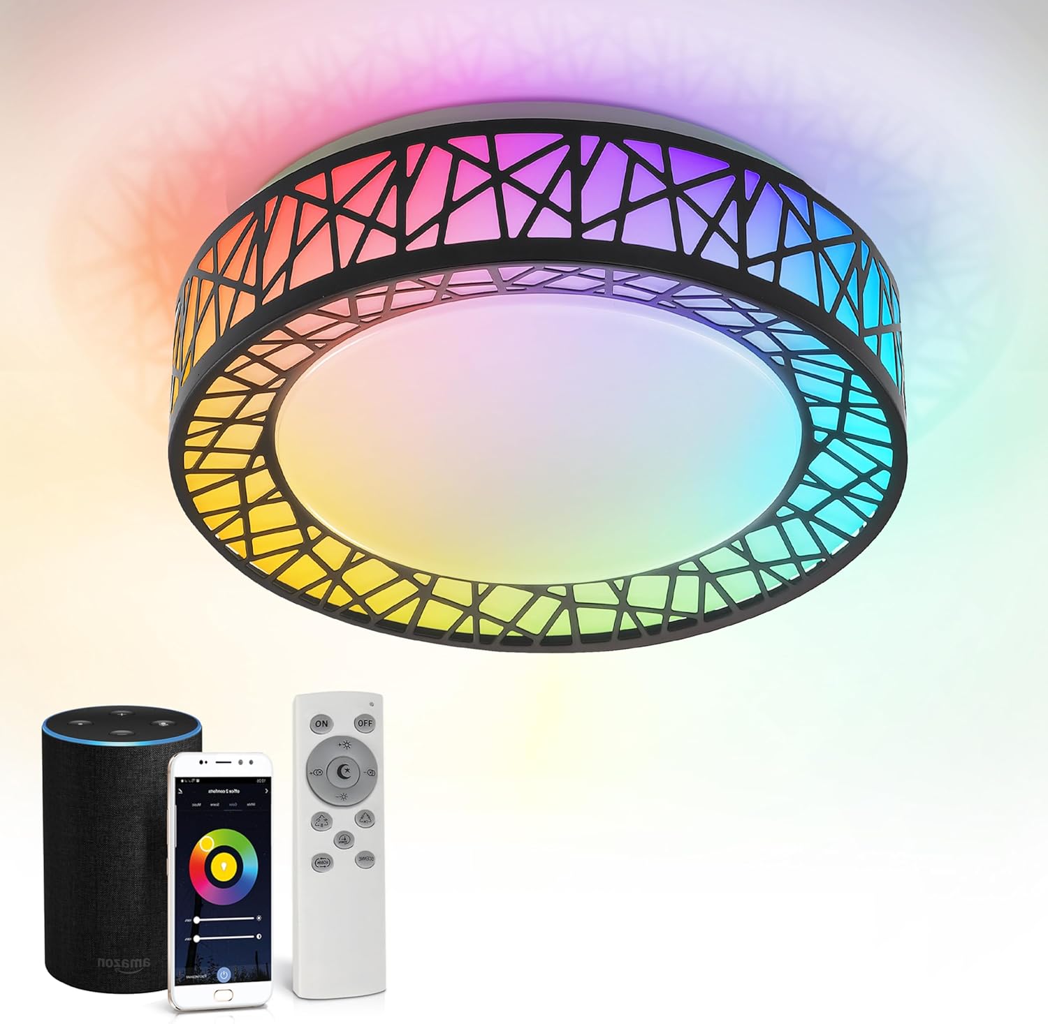 ASD 12 Inch Smart RGBW Flush Mount Ceiling Light with Remote - Matte Black 20W 120V 2700-6500K Dimmable Ceiling Light Fixture, WiFi App Control RGB Lights, Alexa & Google Assistant - ETL ASD 12 Inch Smart RGBW Flush Mount Ceiling Light with Remote - Matte Black 20W 120V 2700-6500K Dimmable Ceiling Light Fixture, WiFi App Control RGB Lights, Alexa & Google Assistant - ETL