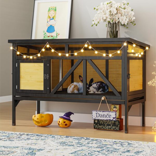 TIMHAKA 46.7" Rabbit Cage Elevated Bunny Cage Indoor, Outdoor Rabbit Hutch Hamster Cages for Small Animals, Wooden Guinea Pig Cages with Removable Tray & Waterproof Asphalt Roof & Bottom Wire Mesh