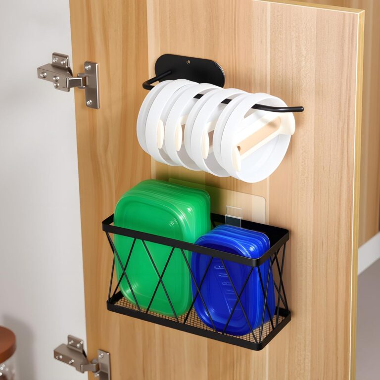 YIGII Adhesive Cabinet Door Organizer with Tumbler Lid Organizer, Wall Mounted Lid Organizers Inside Cabinet for Tupperware Storage, Slim Space Kitchen Basket for Pantry, Under Sink