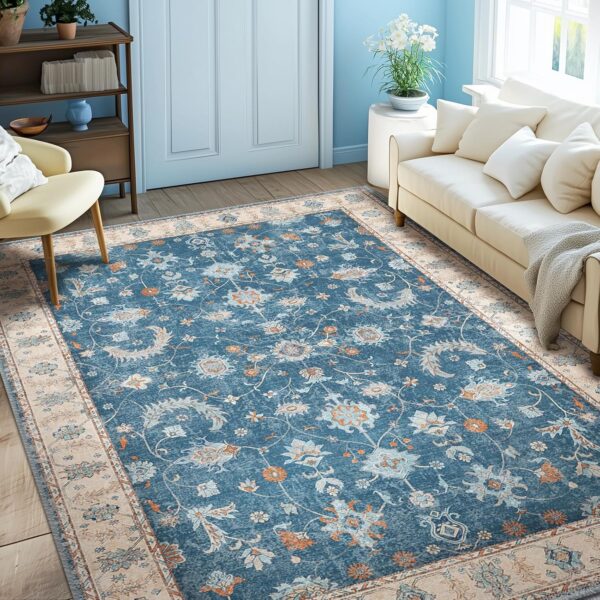 RELEANY 5x7 Area Rug Print Washable for Living Room Low Pile Non Slip Soft Thin Carpet Boho Vintage Floral Rug Stain Resistant for Bedroom Dining Room Kitchen Playroom Blueorange