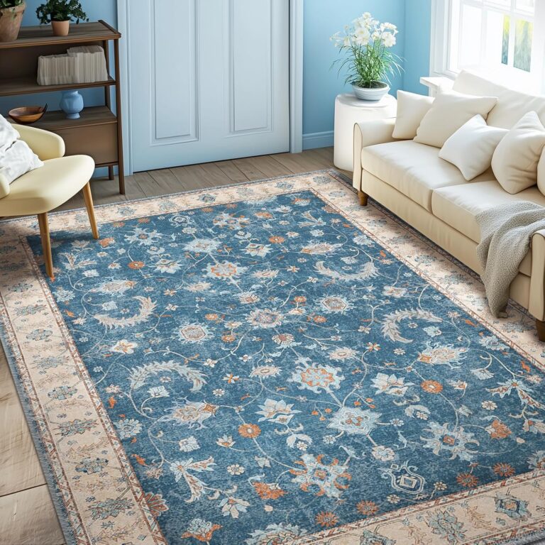 RELEANY 5x7 Area Rug Print Washable for Living Room Low Pile Non Slip Soft Thin Carpet Boho Vintage Floral Rug Stain Resistant for Bedroom Dining Room Kitchen Playroom Blueorange