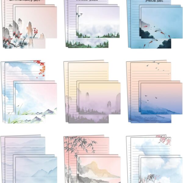 Better Office Products Mini Stationery Set of 100, Japanese Stationery Paper (50 Lined Sheets + 50 Matching Envelopes), 5.5 x 8.25 inch, 9 Designs, Double Sided Printing, One Side Lined Paper,