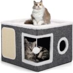 Shikha Cat Beds for Indoor Cats, Large Cat Cave with Cozy Condo, Fluffy Ball, Round Window, Foldable Indoor Cat House Hold Up to 30LBS, Cat Hideaway with Reversible Cushions for All Seasons, Grey