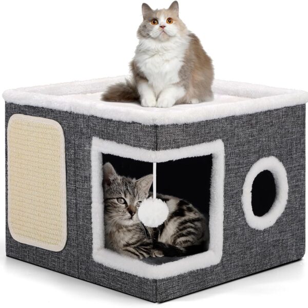 Shikha Cat Beds for Indoor Cats, Large Cat Cave with Cozy Condo, Fluffy Ball, Round Window, Foldable Indoor Cat House Hold Up to 30LBS, Cat Hideaway with Reversible Cushions for All Seasons, Grey