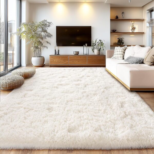 Cream White Plush Rug for Living Room Fuzzy Carpet for Bedroom Dorm, Non-Slip High Pile Rug, Shag Rug for Playroom Nursery Home Office Decor 9X12 Ft