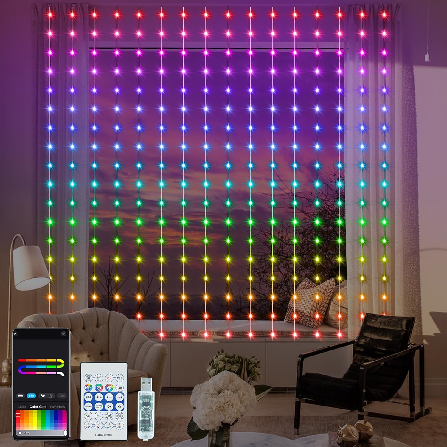 LumBelle Smart Curtain Lights RGB 5050 Built in Chip, Color Changing Curtain Lights with Music Sync APP Remote Control, 8Ft x 6Ft 144LED USB Powered Fairy Lights for Party Patio Garden Decor LumBelle Smart Curtain Lights RGB 5050 Built in Chip, Color Changing Curtain Lights with Music Sync APP Remote Control, 8Ft x 6Ft 144LED USB Powered Fairy Lights for Party Patio Garden Decor