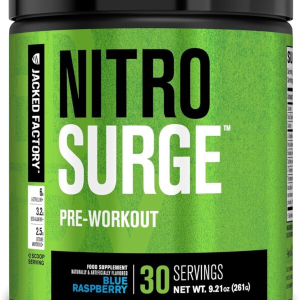 Jacked Factory NITROSURGE Pre Workout Supplement - Energy Booster, Instant Strength Gains, Clear Focus & Intense Pumps - NO Booster & Powerful Preworkout Energy Powder - 30 Servings, Blue Raspberry