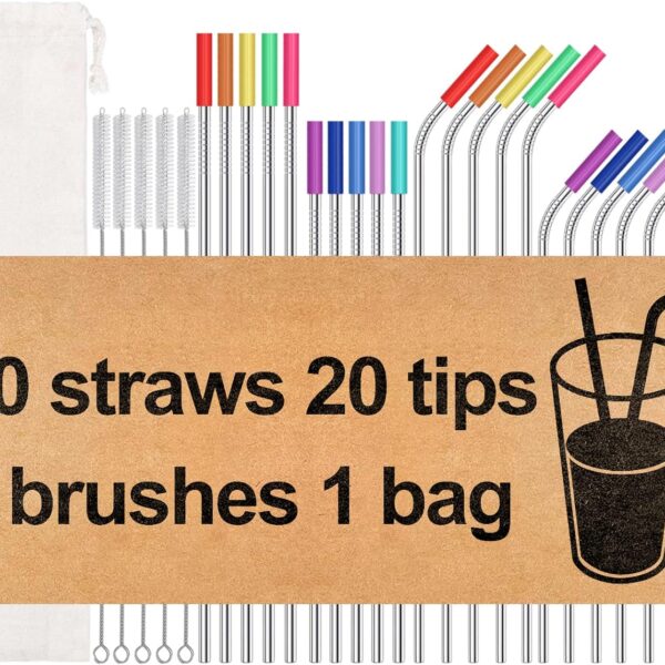 20 Pack Reusable Stainless Steel Metal Straws,10.5" & 8.5" Reusable Drinking Straws with 20 Silicone Tips 5 Straw Brushes 1 Travel Case,Eco Friendly Extra Long Metal Straw Fit for 20 24 30 oz Tumbler