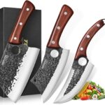 Topfeel 3PCS Butcher Knife Set, Hand Forged Serbian Chef Knives & Meat Cleaver & Viking Knives, Meat Cutting Kitchen Knife Set for Home, Outdoor Cooking, Camping BBQ Gift Idea Men