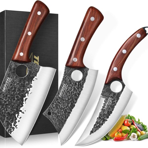 Topfeel 3PCS Butcher Knife Set, Hand Forged Serbian Chef Knives & Meat Cleaver & Viking Knives, Meat Cutting Kitchen Knife Set for Home, Outdoor Cooking, Camping BBQ Gift Idea Men