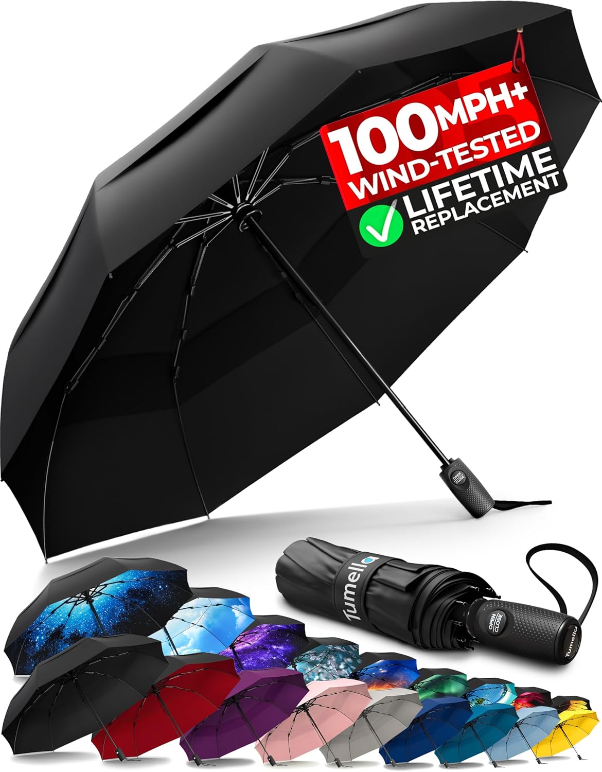 TUMELLA Strongest Windproof Travel Umbrella (Compact, 100MPH Wind-Tested), Light, Portable, One-Handed Use, Automatic Folding Rain Umbrella, Durable, Premium Grip, Fits Car & Backpack TUMELLA Strongest Windproof Travel Umbrella (Compact, 100MPH Wind-Tested), Light, Portable, One-Handed Use, Automatic Folding Rain Umbrella, Durable, Premium Grip, Fits Car & Backpack