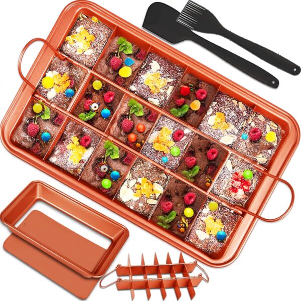 Brownie Pan with Dividers, Brownies Pan with Cutter, Nonstick Brownie Baking Pan with Spatula Brush, Rectangular Cake Pans All Edges Brownie Mold Tray for Baking Bread Cookie Bites Biscuit Muffin, etc