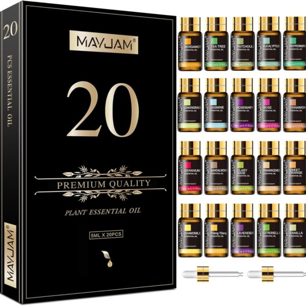 MAYJAM Tea Tree 20 Pcs Pure Essential Oil Gift Set, for Diffuser, Humidifiers, Skin Care, Massage, Fragrance Oil Scent for DIY Candle and Soap Making, Gift for Friend (5ML)