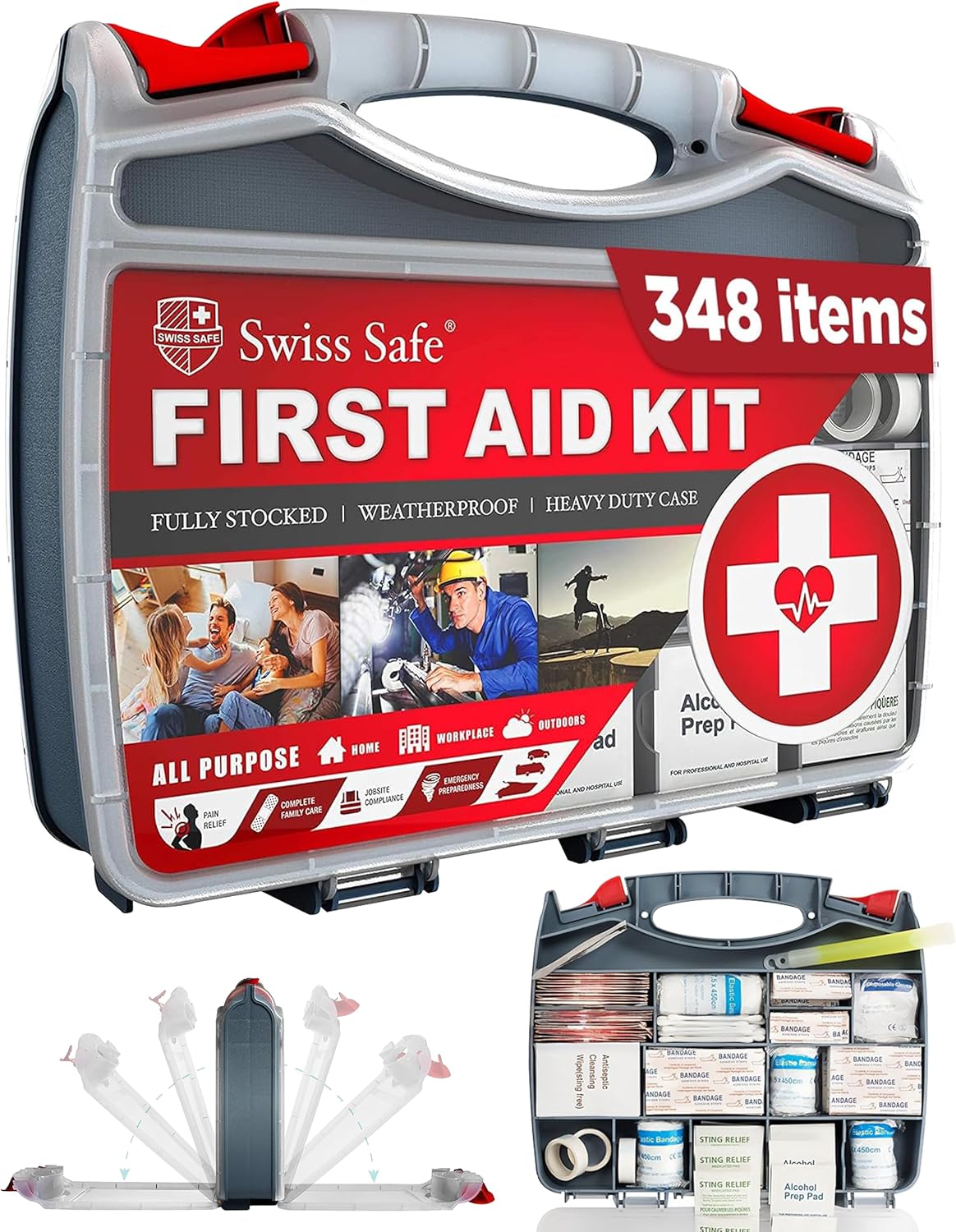 Swiss Safe 2-in-1 First Aid Kit for Car, Travel & Home, Businesses - Bonus Mini Kit for Medical Emergency Aid, Survival, Camping - FSA & HSA Eligible - 348 Pcs, Large Hardcase FAK Swiss Safe 2-in-1 First Aid Kit for Car, Travel & Home, Businesses - Bonus Mini Kit for Medical Emergency Aid, Survival, Camping - FSA & HSA Eligible - 348 Pcs, Large Hardcase FAK