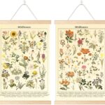 Chenkaiyang 2 Pcs Vintage Hanging Poster,Flowers Wall Hanging Botanical Rustic Retro Wall Art Prints Flower Chart Posterfor Living Room Decor,12.7 X 21.6 Inch