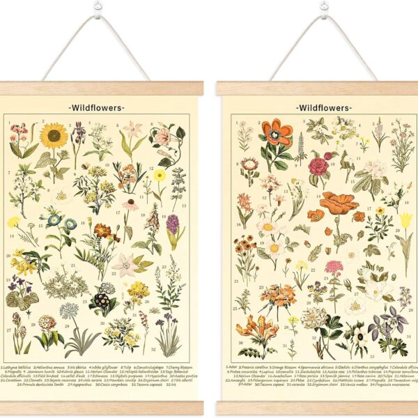 Chenkaiyang 2 Pcs Vintage Hanging Poster,Flowers Wall Hanging Botanical Rustic Retro Wall Art Prints Flower Chart Posterfor Living Room Decor,12.7 X 21.6 Inch