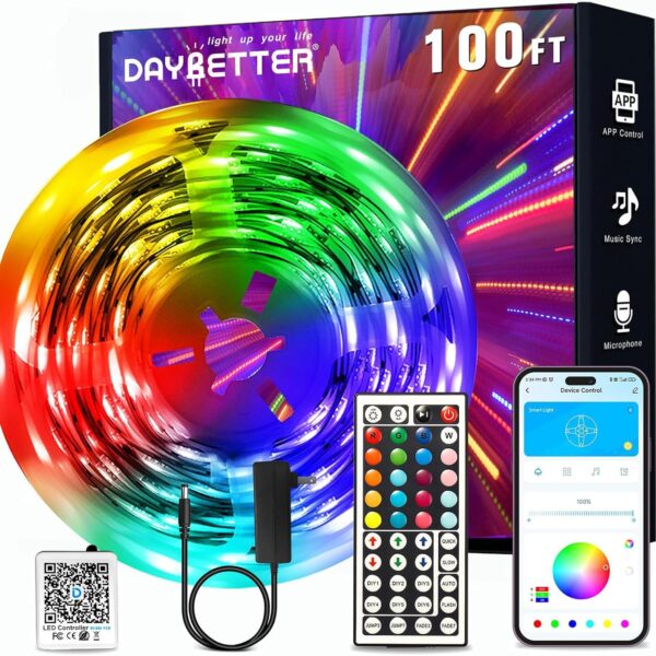 DAYBETTER LED Strip Lights 100ft, Smart Lighting with App Remote Control, RGB LED Lights for Bedroom, Music Sync Color Changing for Room Home Decor Party (1 Roll)