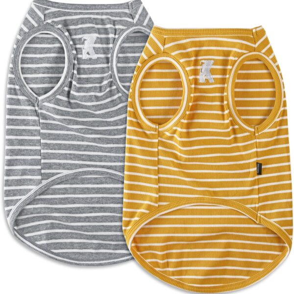 Koneseve Dog Shirt Vest Lightweight Stretchy Dog T-Shirts Soft Cool Shirts Sleeveless Stripe Vests Breathable Clothes for Puppy Kitty Cats Small Medium Large Dogs 2 Pack Yellow + Light Grey [L/Large]