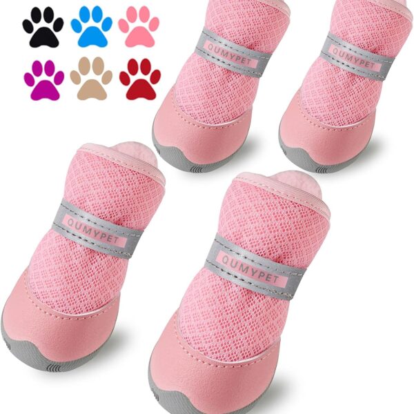 QUMY 4PCS Dog Shoes for Small Dogs, Hot Pavement Summer Puppy Dog Boots & Paw Protectors with Soft Anti-Slip Rubber Sole, Mesh Breathable Dog Booties for Hardfloors, Walking Running Pink Size 2