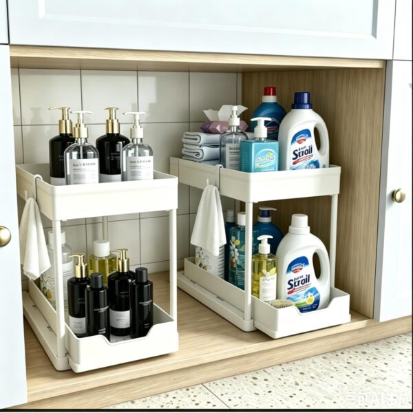 DEKAVA Cabinet, 2 Pack Under Sink Organizer, 2 Tier Sliding Bathroom Kitchen Organizer, Large White ABS Baskets, Easy Install & Clean