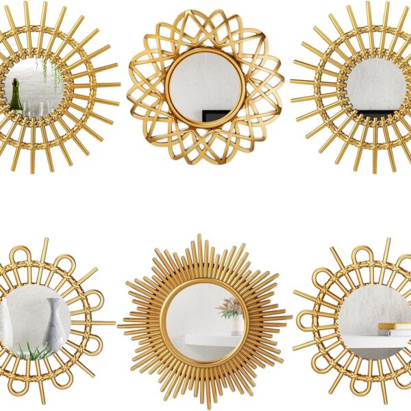Namalu 6 Pcs Sunburst Mirror for Wall Decor, Small Circle Sun Espejos Decorative Mirror Hanging for Art Entryway Home Decor Bathroom Bedroom Living Room(Elegant,Gold)