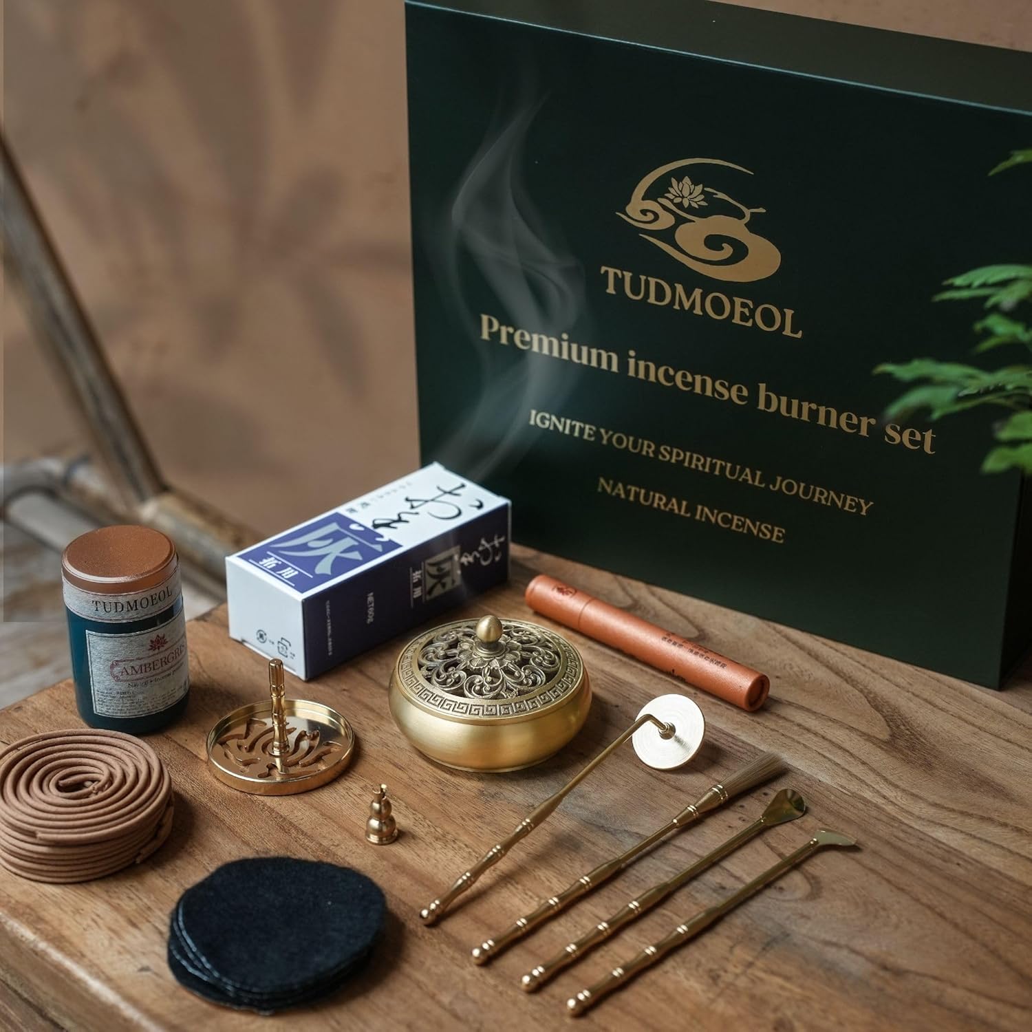 Powder Incense Burner Kit with Brass Censer, Incense Ash Tools and Mold Press Set, Complete Gift Box for Meditation, Yoga and Home Relaxation Powder Incense Burner Kit with Brass Censer, Incense Ash Tools and Mold Press Set, Complete Gift Box for Meditation, Yoga and Home Relaxation