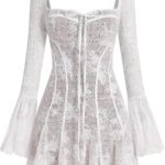 Women's Short Corset Y2k Mini Dress Long Sleeve Low Cut Lace Dress Vintage Solid Floral Party Dresses