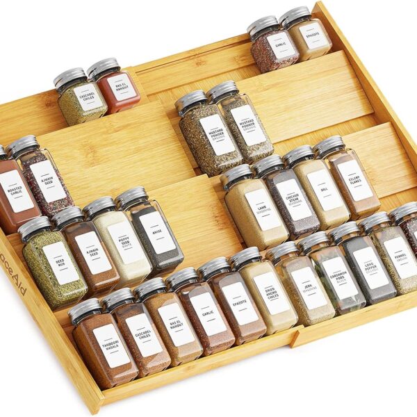 SpaceAid Bamboo Spice Drawer Organizer, (Need 3" Deep Drawer) Expandable 4 Tier Spices Rack for Cabinet, Kitchen Seasoning Storage Insert (Jars Not Included, From 12" to 23" Wide)