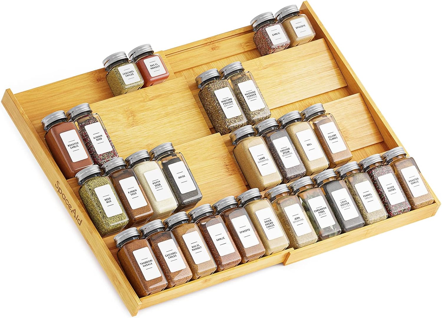 SpaceAid Bamboo Spice Drawer Organizer, (Need 3" Deep Drawer) Expandable 4 Tier Spices Rack for Cabinet, Kitchen Seasoning Storage Insert (Jars Not Included, From 12" to 23" Wide) SpaceAid Bamboo Spice Drawer Organizer, (Need 3" Deep Drawer) Expandable 4 Tier Spices Rack for Cabinet, Kitchen Seasoning Storage Insert (Jars Not Included, From 12" to 23" Wide)