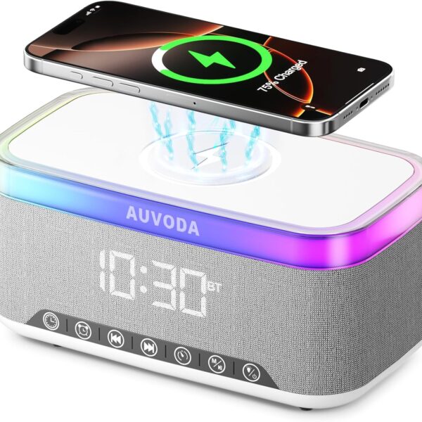 S300 Bluetooth Speaker, Portable Speaker with 15W Wireless Charging, 13-Color Night Light, Alarm, White Noise, Radio, 16W Stereo, TWS, BT5.3, Wireless Speaker for Home Office Bedroom, White