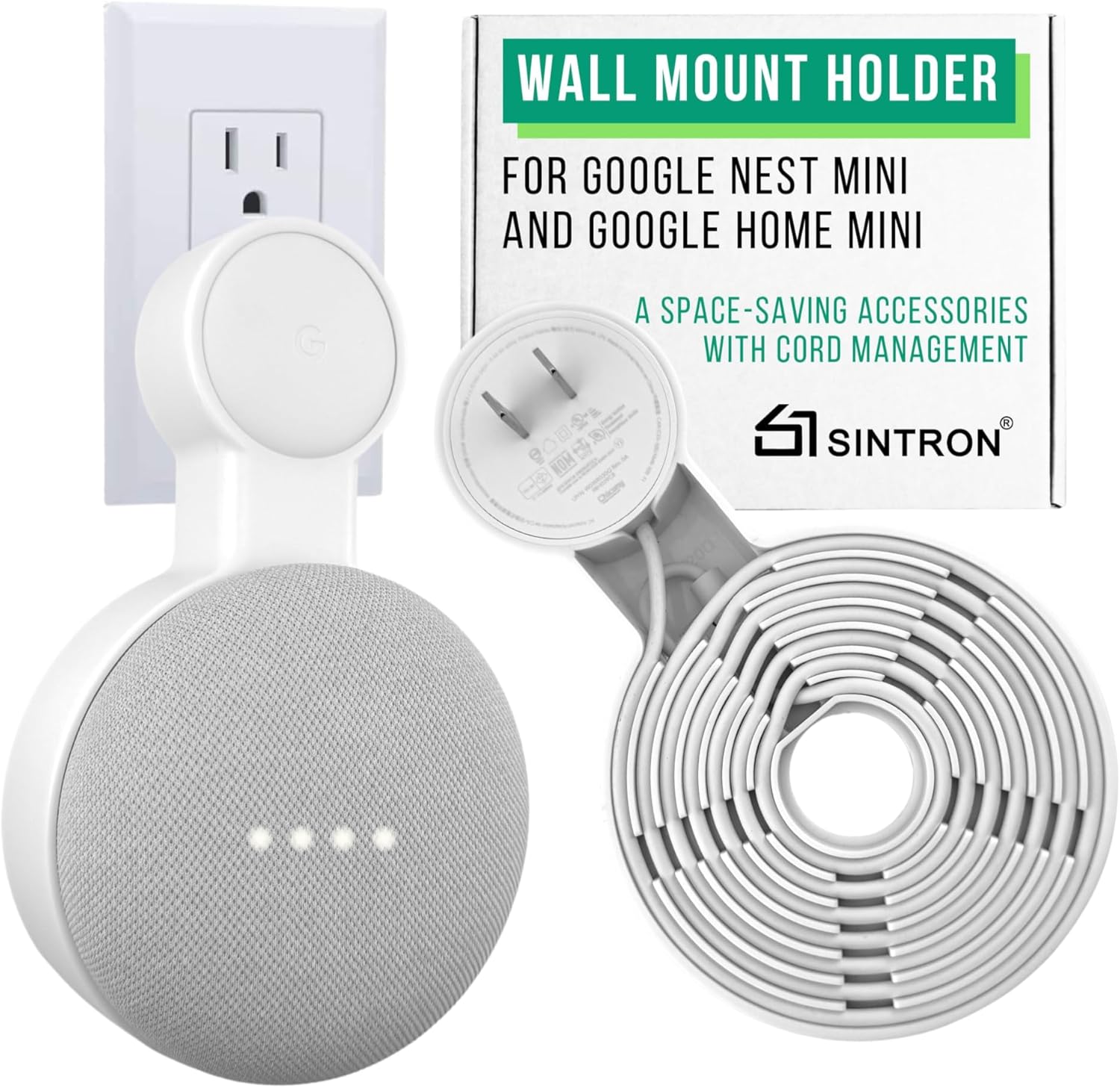 Sintron Outlet Wall Mount Holder for Google Nest Mini and Google Home Mini, A Space-Saving Accessories with Cord Management for Google Smart Speakers 1st Gen. and 2nd Gen., No Messy Wires or Screws. Sintron Outlet Wall Mount Holder for Google Nest Mini and Google Home Mini, A Space-Saving Accessories with Cord Management for Google Smart Speakers 1st Gen. and 2nd Gen., No Messy Wires or Screws.