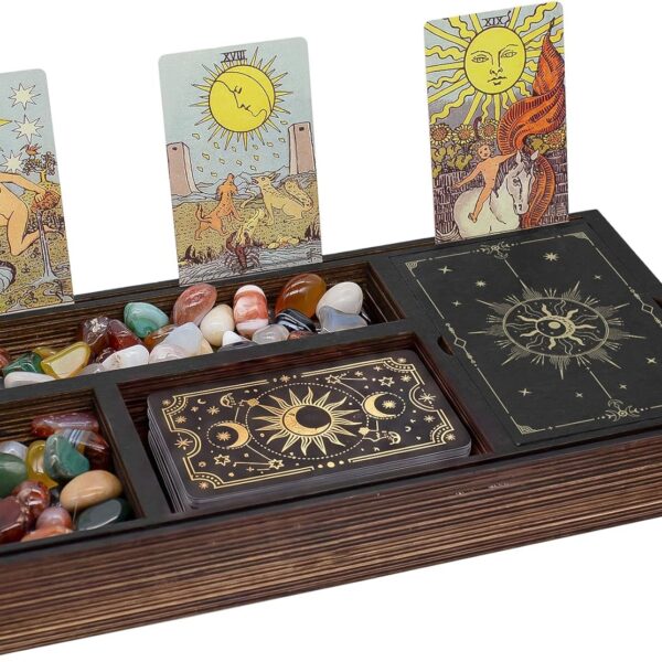 Tarot Card Holder Wooden Crystal Tray, Tarot Card Box and Wiccan Supplies, Witchcraft Altar Supplies Pagan Tarot Box Decor Witchy Gifts Meditation Accessories Witch Stuff Astrology Decor