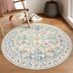 Lahome Sylvie Round Boho Floral Rugs 4ft, Cream Washable Circle Rugs for Bedroom Nursery, Vintage Beige Circular Carpet, Soft Non-Slip Carpet for Kids Room Playroom Calm Corner, Beige